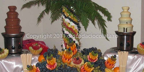 Fantana ciocolata neagra, palmier din fructe decorat cu fructe si dulciuri, fantana ciocolata alba, cascada de fructe, aranjamente fructe - copyright cascada ciocolata . ro 2021