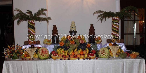 Fantani ciocolata neagra si alba, palmieri din fructe decorati cu fructe si dulciuri, frigarui din fructe, pepeni sculptati, cascada de fructe, aranjamente fructe, fructe in boluri - copyright cascada ciocolata . ro 2021